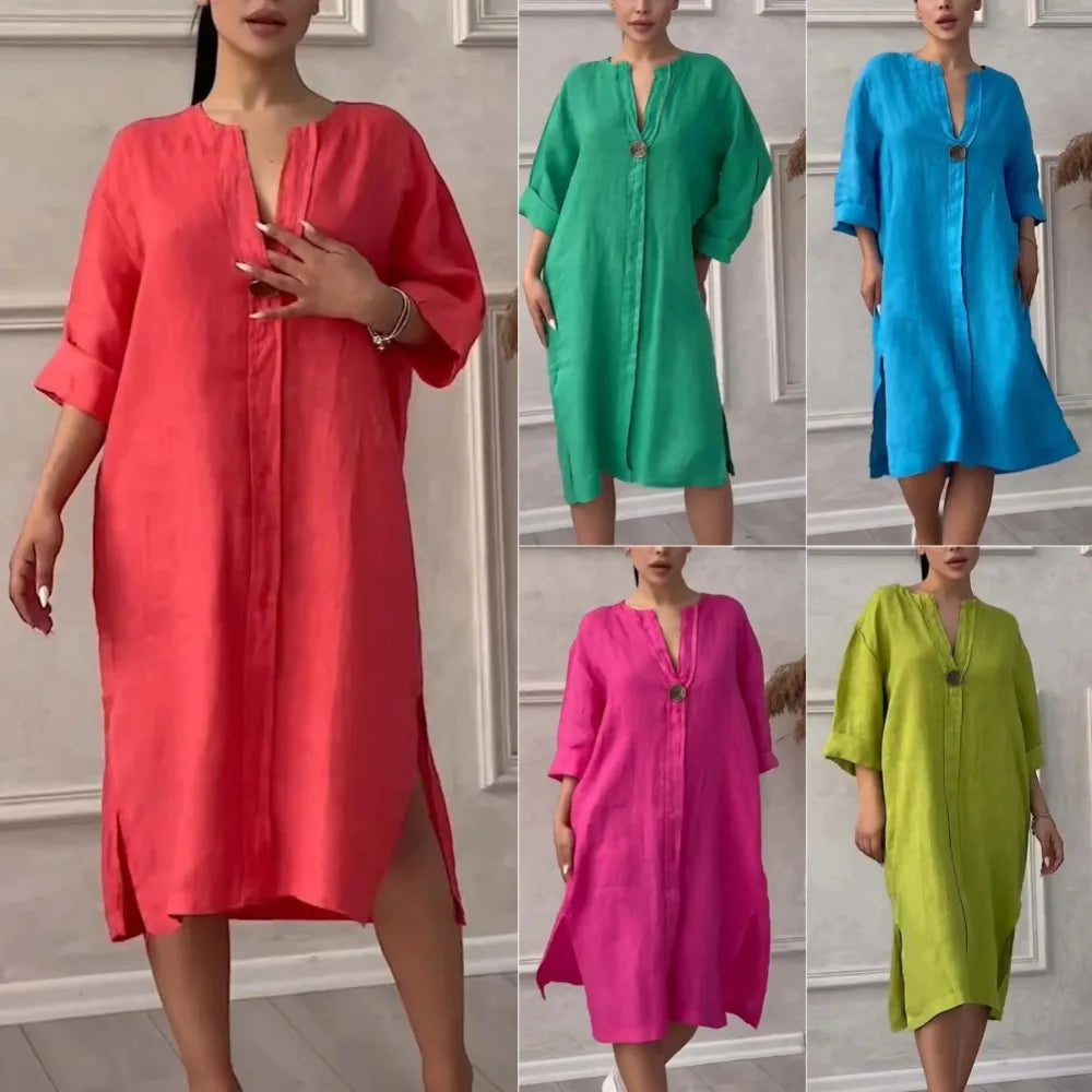 Women's New Cotton and Linen Solid Color Casual Round Neck Button Long Dress
